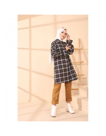 Surchemise ample - Tunique à carreaux (Vêtement Hijab moderne) - Rayures de couleur kaki 