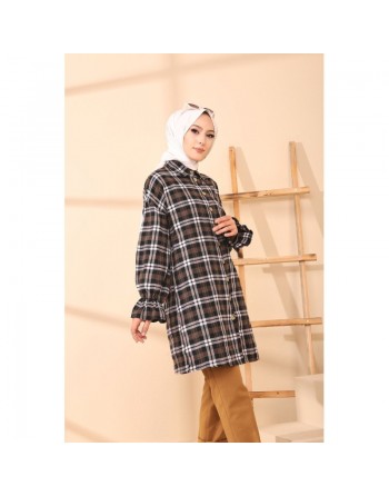 Surchemise ample - Tunique à carreaux (Vêtement Hijab moderne) - Rayures de couleur kaki 
