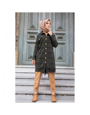 Chemise-Tunique boutonnée à carreaux pour femme (Vêtement Chaud Automne Hiver) - Couleur kaki 