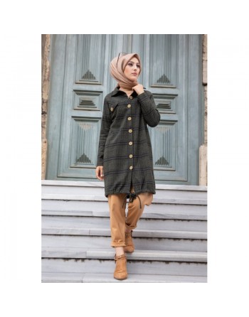 Chemise-Tunique boutonnée à carreaux pour femme (Vêtement Chaud Automne Hiver) - Couleur kaki 