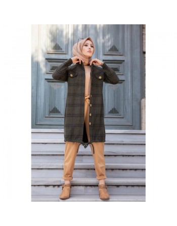 Chemise-Tunique boutonnée à carreaux pour femme (Vêtement Chaud Automne Hiver) - Couleur kaki 