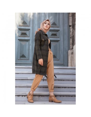Chemise-Tunique boutonnée à carreaux pour femme (Vêtement Chaud Automne Hiver) - Couleur kaki 