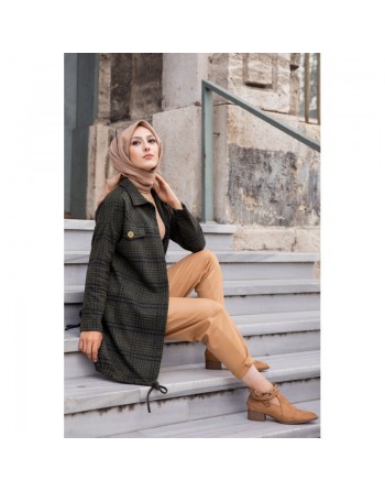 Chemise-Tunique boutonnée à carreaux pour femme (Vêtement Chaud Automne Hiver) - Couleur kaki 