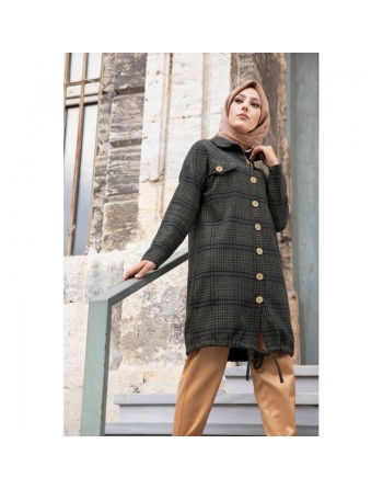 Chemise-Tunique boutonnée à carreaux pour femme (Vêtement Chaud Automne Hiver) - Couleur kaki 