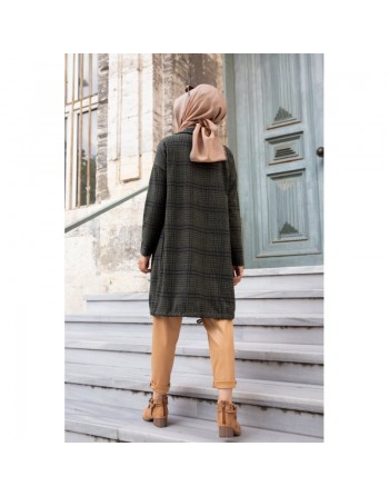 Chemise-Tunique boutonnée à carreaux pour femme (Vêtement Chaud Automne Hiver) - Couleur kaki 