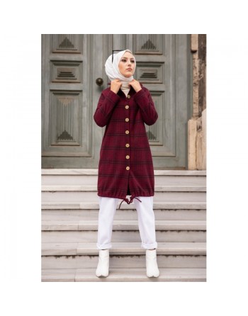 Sur-chemise Tunique à carreaux pour femme (Vêtement Hijab - Saison Automne Hiver) - Couleur Bordeaux 