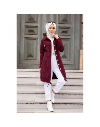 Sur-chemise Tunique à carreaux pour femme (Vêtement Hijab - Saison Automne Hiver) - Couleur Bordeaux 