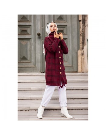 Sur-chemise Tunique à carreaux pour femme (Vêtement Hijab - Saison Automne Hiver) - Couleur Bordeaux 