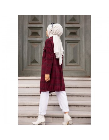Sur-chemise Tunique à carreaux pour femme (Vêtement Hijab - Saison Automne Hiver) - Couleur Bordeaux 