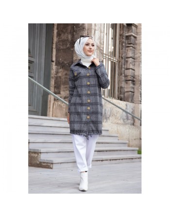 Chemise-Tunique boutonnée à carreaux pour femme (Vêtement Mode Musulmane Automne Hiver) - Couleur gris 