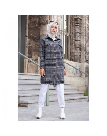 Chemise-Tunique boutonnée à carreaux pour femme (Vêtement Mode Musulmane Automne Hiver) - Couleur gris 