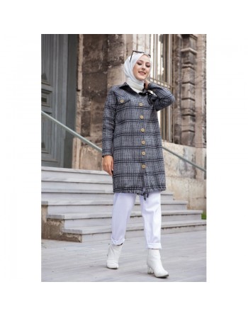 Chemise-Tunique boutonnée à carreaux pour femme (Vêtement Mode Musulmane Automne Hiver) - Couleur gris 