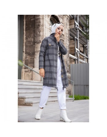 Chemise-Tunique boutonnée à carreaux pour femme (Vêtement Mode Musulmane Automne Hiver) - Couleur gris 