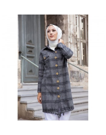Chemise-Tunique boutonnée à carreaux pour femme (Vêtement Mode Musulmane Automne Hiver) - Couleur gris 