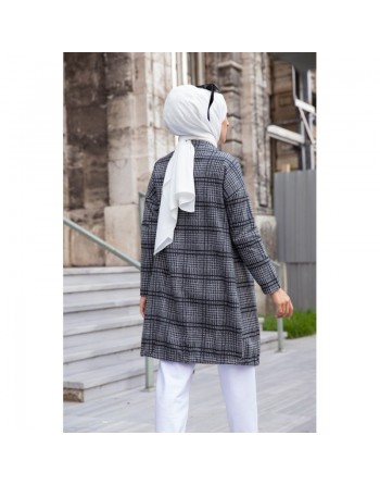 Chemise-Tunique boutonnée à carreaux pour femme (Vêtement Mode Musulmane Automne Hiver) - Couleur gris 