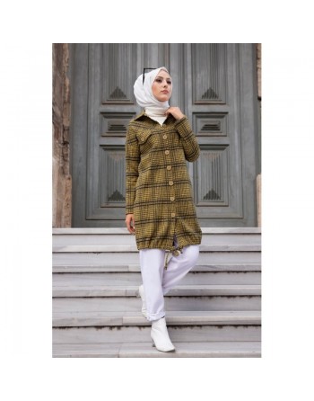 Surchemise-Tunique à carreaux pour femme (Vêtements Hijab - Saison Automne Hiver) - Couleur moutarde 