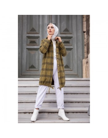 Surchemise-Tunique à carreaux pour femme (Vêtements Hijab - Saison Automne Hiver) - Couleur moutarde 