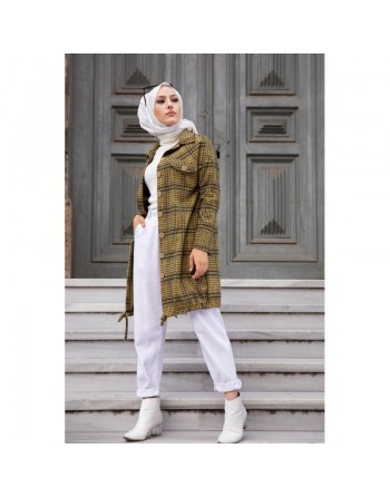Surchemise-Tunique à carreaux pour femme (Vêtements Hijab - Saison Automne Hiver) - Couleur moutarde 