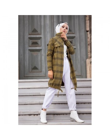 Surchemise-Tunique à carreaux pour femme (Vêtements Hijab - Saison Automne Hiver) - Couleur moutarde 