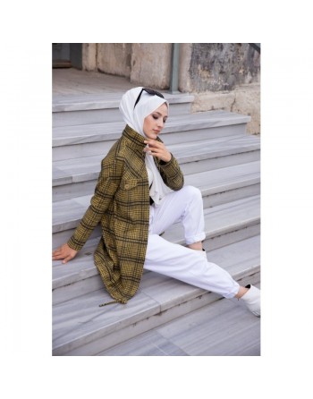 Surchemise-Tunique à carreaux pour femme (Vêtements Hijab - Saison Automne Hiver) - Couleur moutarde 