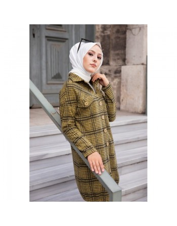 Surchemise-Tunique à carreaux pour femme (Vêtements Hijab - Saison Automne Hiver) - Couleur moutarde 