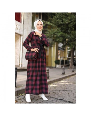 Ensemble Robe à carreaux avec sac à main assorti - Couleur rouge bordeaux et noir 