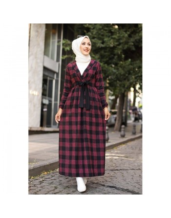 Ensemble Robe à carreaux avec sac à main assorti - Couleur rouge bordeaux et noir 