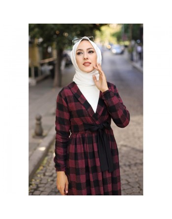 Ensemble Robe à carreaux avec sac à main assorti - Couleur rouge bordeaux et noir 