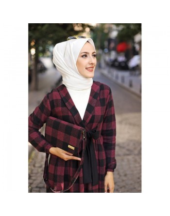 Ensemble Robe à carreaux avec sac à main assorti - Couleur rouge bordeaux et noir 