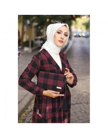 Ensemble Robe à carreaux avec sac à main assorti - Couleur rouge bordeaux et noir 