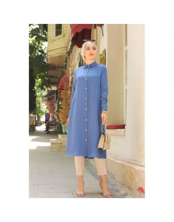 Chemise longue boutonnée nouvelle saison (Vêtement ample pour femme) - Couleur bleu indigo 