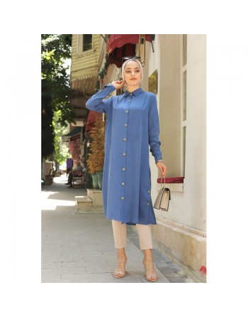 Chemise longue boutonnée nouvelle saison (Vêtement ample pour femme) - Couleur bleu indigo 