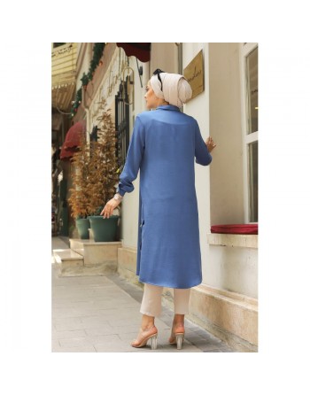 Chemise longue boutonnée nouvelle saison (Vêtement ample pour femme) - Couleur bleu indigo 