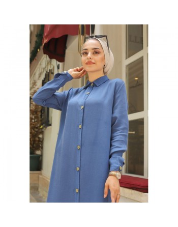 Chemise longue boutonnée nouvelle saison (Vêtement ample pour femme) - Couleur bleu indigo 