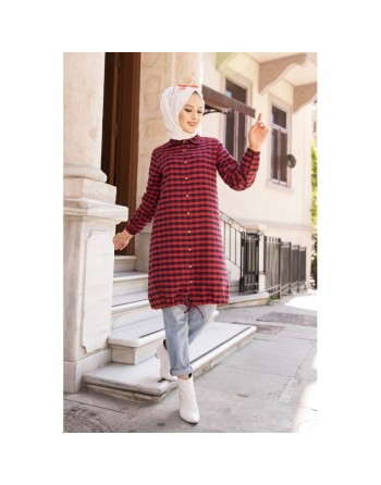 Chemise longue pour femme (Mode islamique) - Tunique à carreaux rouge et bleu marine 