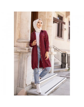 Chemise longue pour femme (Mode islamique) - Tunique à carreaux rouge et bleu marine 