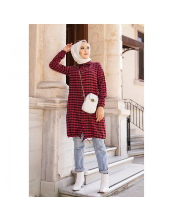 Chemise longue pour femme (Mode islamique) - Tunique à carreaux rouge et bleu marine 