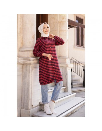 Chemise longue pour femme (Mode islamique) - Tunique à carreaux rouge et bleu marine 
