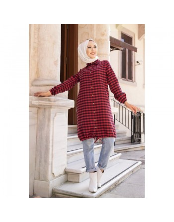Chemise longue pour femme (Mode islamique) - Tunique à carreaux rouge et bleu marine 