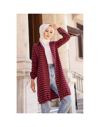 Chemise longue pour femme (Mode islamique) - Tunique à carreaux rouge et bleu marine 