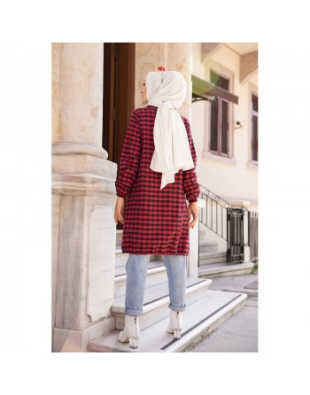 Chemise longue pour femme (Mode islamique) - Tunique à carreaux rouge et bleu marine 