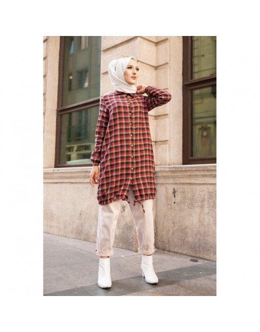 Chemise longue (Vetement pour femme voilée) - Tunique à carreaux jaune et rouge Chemise longue (Vetement pour femme voilée) - Tunique à carreaux jaune et rouge