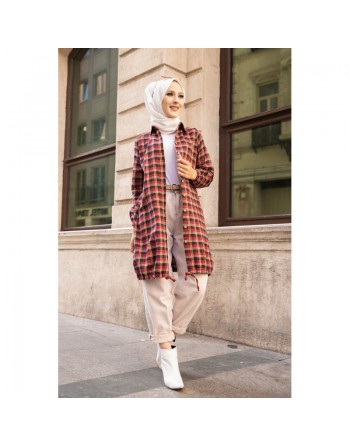 Chemise longue (Vetement pour femme voilée) - Tunique à carreaux jaune et rouge 