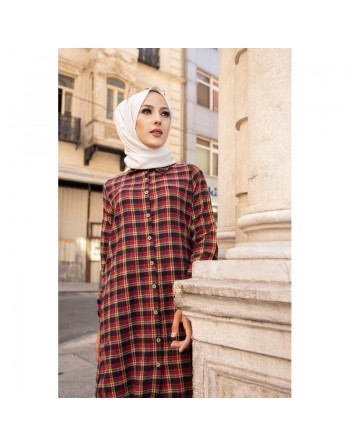Chemise longue (Vetement pour femme voilée) - Tunique à carreaux jaune et rouge 