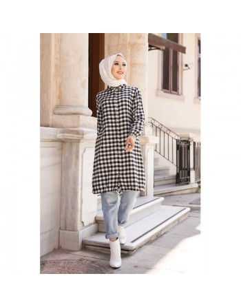 Chemise longue pour femme (Mode musulmane pas cher) - Tunique à carreaux écru et noir 