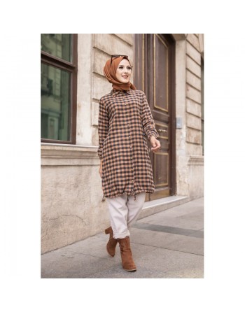 Chemise longue pour femme (Mode islam pas cher) - Tunique à carreaux bleu marine et camel 