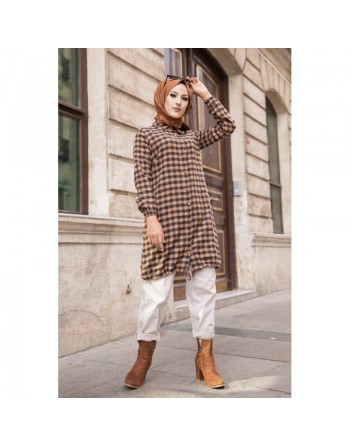 Chemise longue pour femme (Mode islam pas cher) - Tunique à carreaux bleu marine et camel 