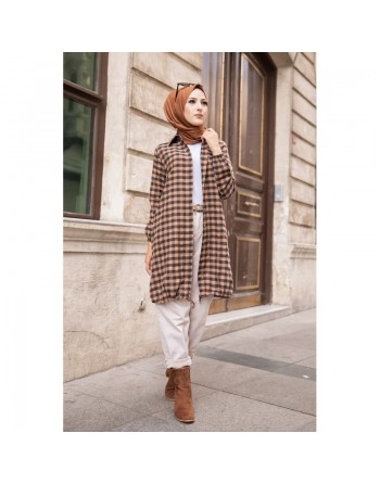 Chemise longue pour femme (Mode islam pas cher) - Tunique à carreaux bleu marine et camel 