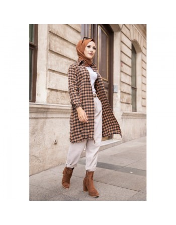 Chemise longue pour femme (Mode islam pas cher) - Tunique à carreaux bleu marine et camel 