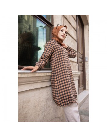Chemise longue pour femme (Mode islam pas cher) - Tunique à carreaux bleu marine et camel 